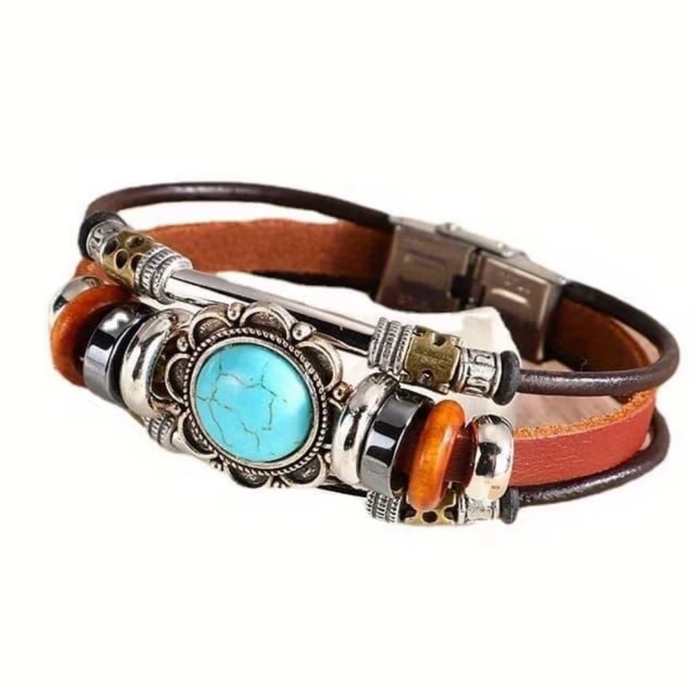 Bohemian Turquoise and Brown Leather Bracelet